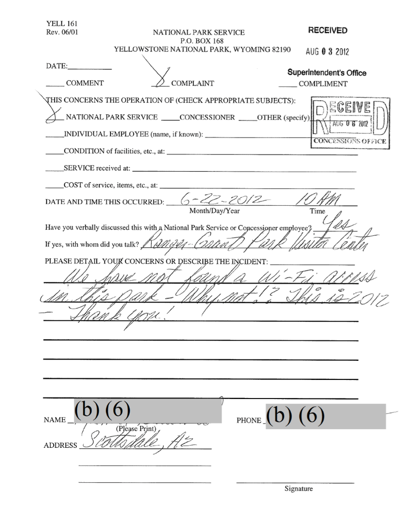 Complaint from a visitor to Yellowstone National Park